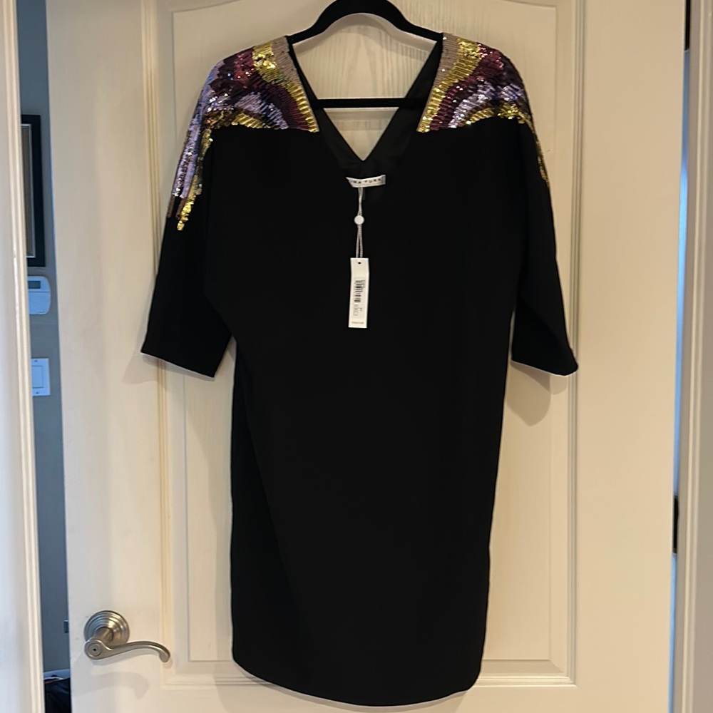 Black evening shoulder sequins dress
